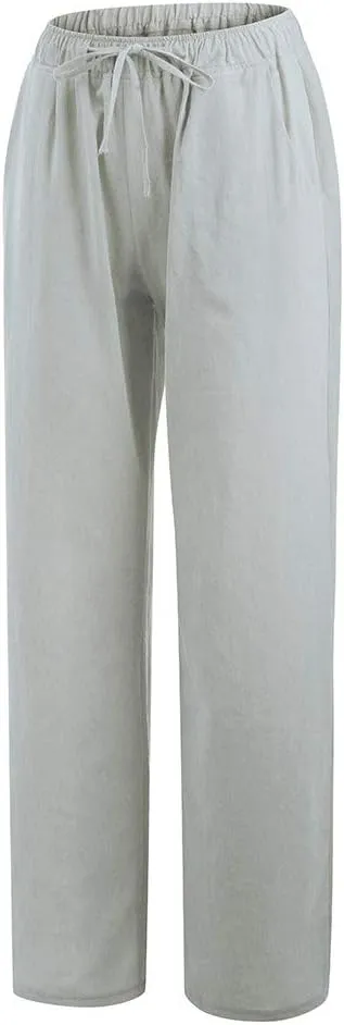 Linen Pants Women Wide Leg Pants High Waisted Lounge Pants Drawstring Elastic Waist Pants Casual Beach Trousers 2025