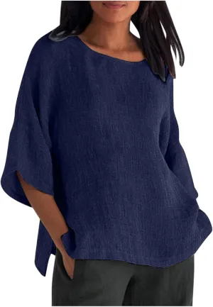 Linen Shirts for Women 3/4 Sleeve Loose Fit Summer Tops Plus Size Crew Neck Blouse Casual Cotton Linen T Shirts