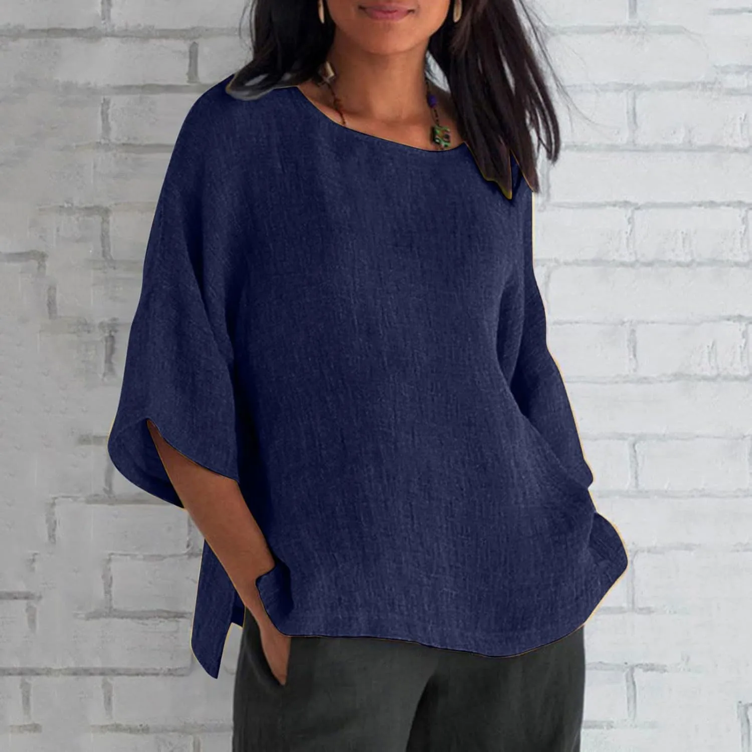 Linen Shirts for Women 3/4 Sleeve Loose Fit Summer Tops Plus Size Crew Neck Blouse Casual Cotton Linen T Shirts