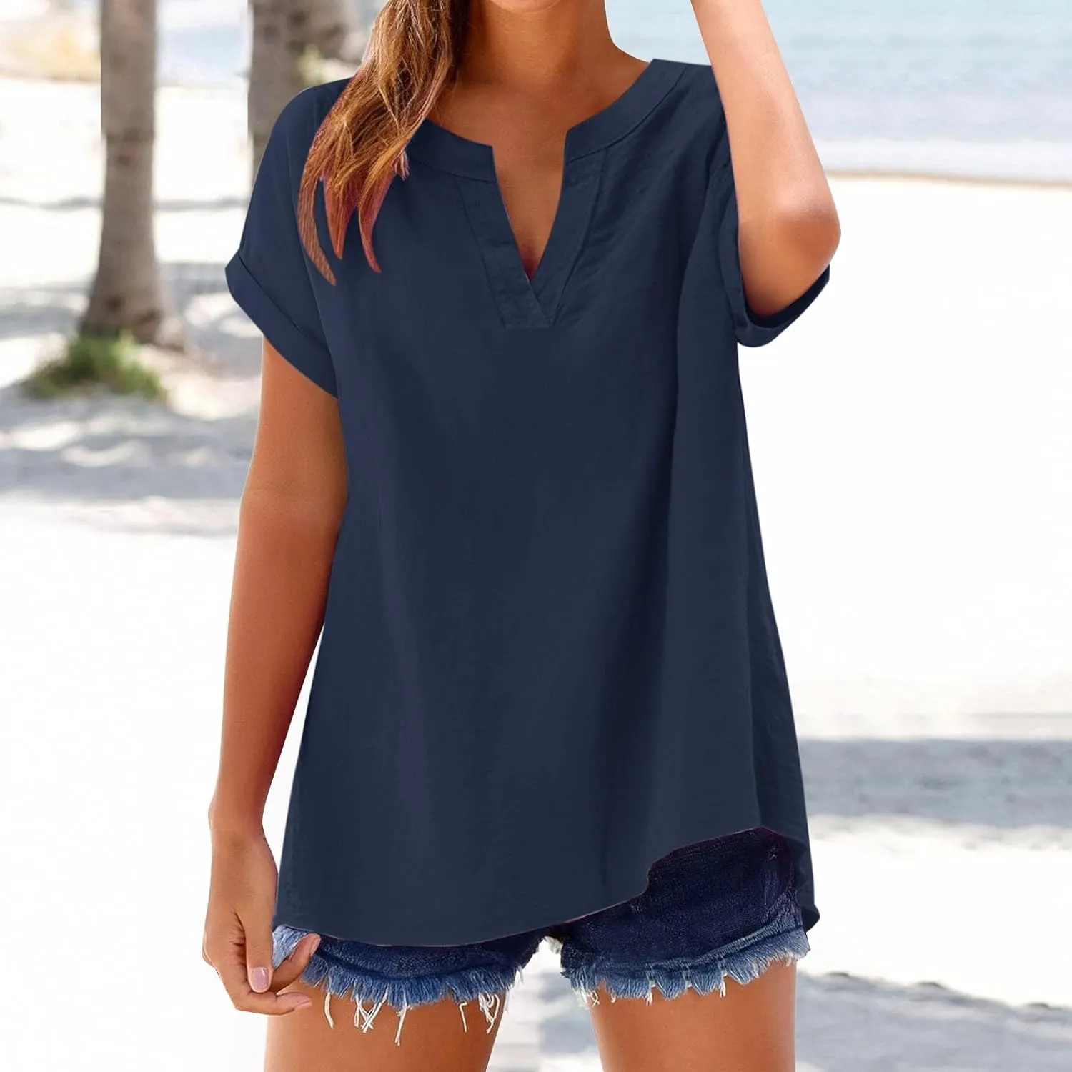Linen Shirts for Women Plus Size Tops Summer T Shirts V Neck Short Sleeve Casual Dressy Tees Fashion Beach Blouse