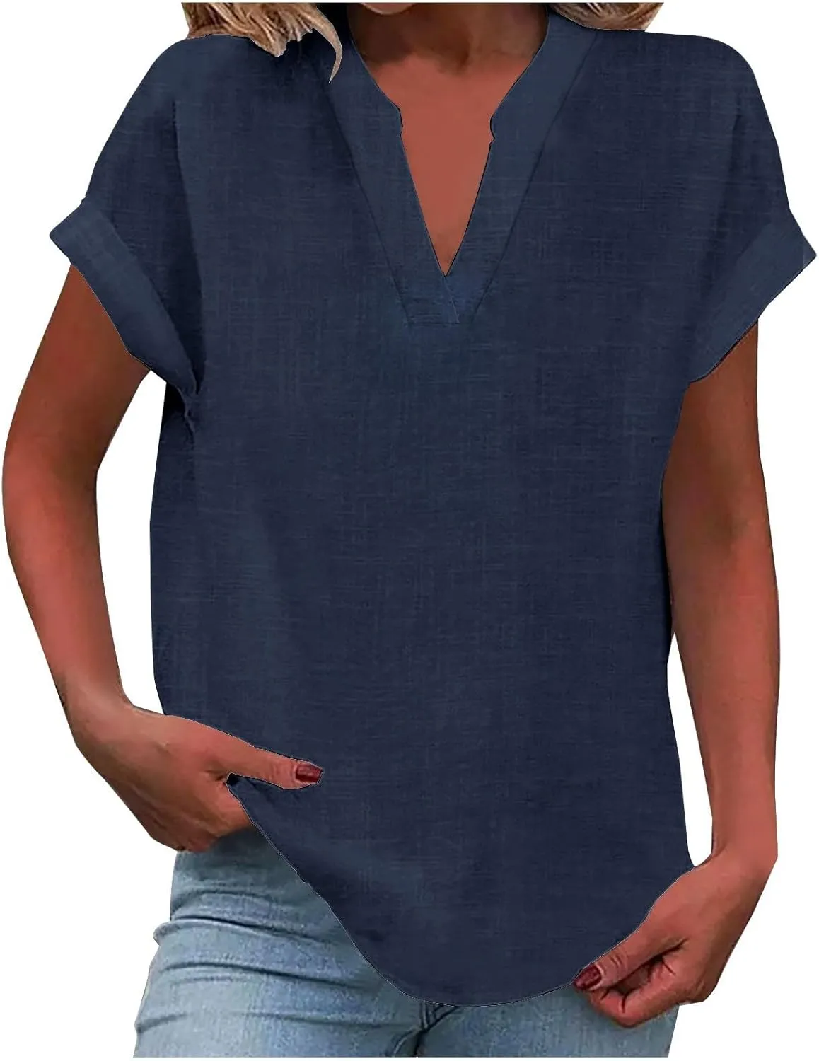 Linen Shirts for Women Plus Size Tops Summer T Shirts V Neck Short Sleeve Casual Dressy Tees Fashion Beach Blouse