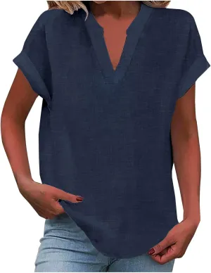 Linen Shirts for Women Plus Size Tops Summer T Shirts V Neck Short Sleeve Casual Dressy Tees Fashion Beach Blouse