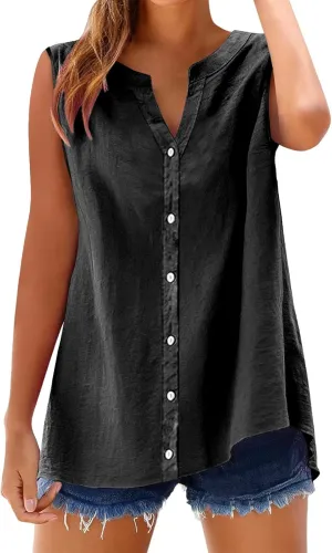 Linen Shirts for Women Sleeveless Buttons V Neck Boho Tops Solid Color Summer Beach Blouses Casual Loose Fit Tee