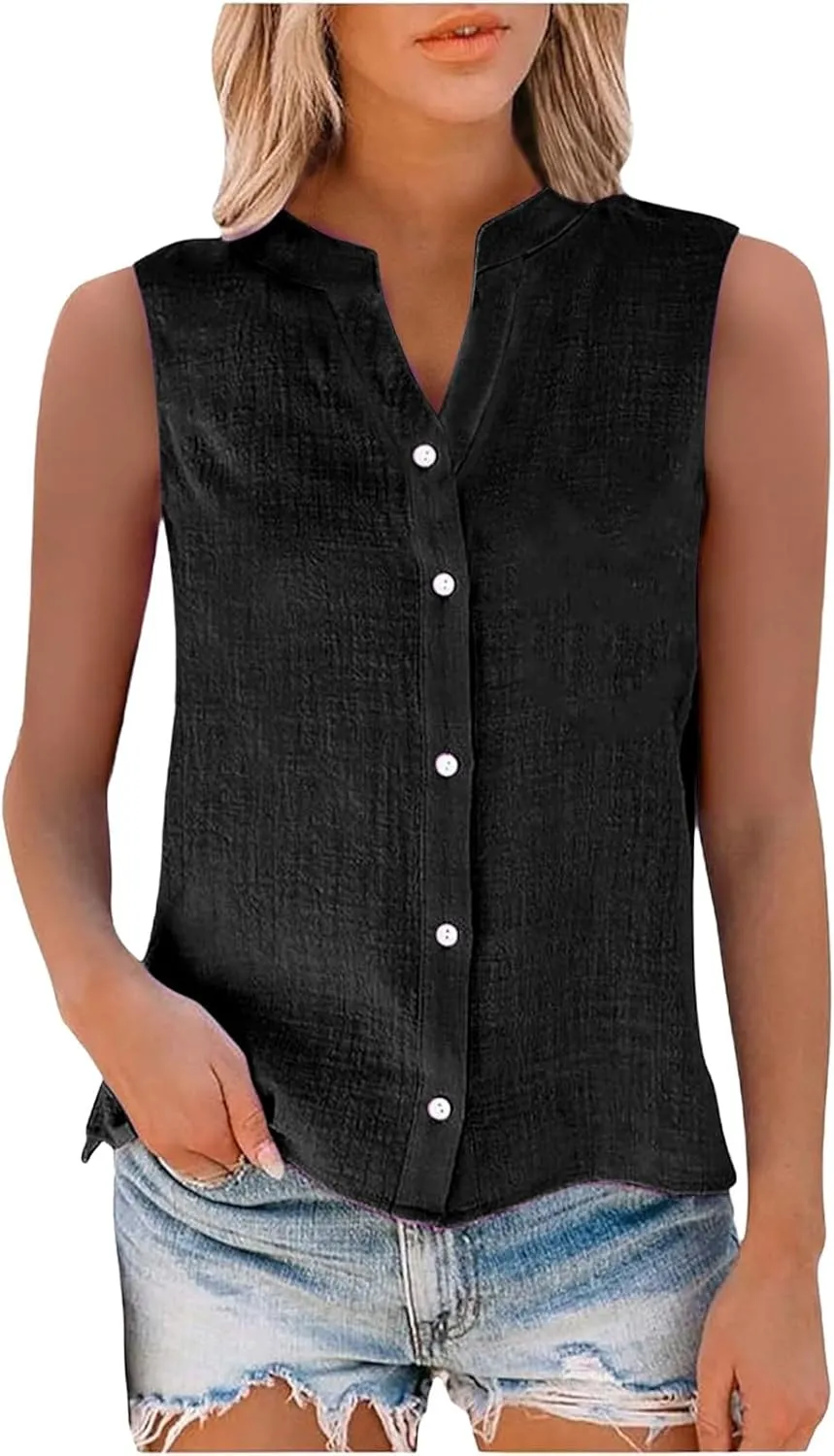 Linen Shirts for Women Sleeveless Buttons V Neck Boho Tops Solid Color Summer Beach Blouses Casual Loose Fit Tee