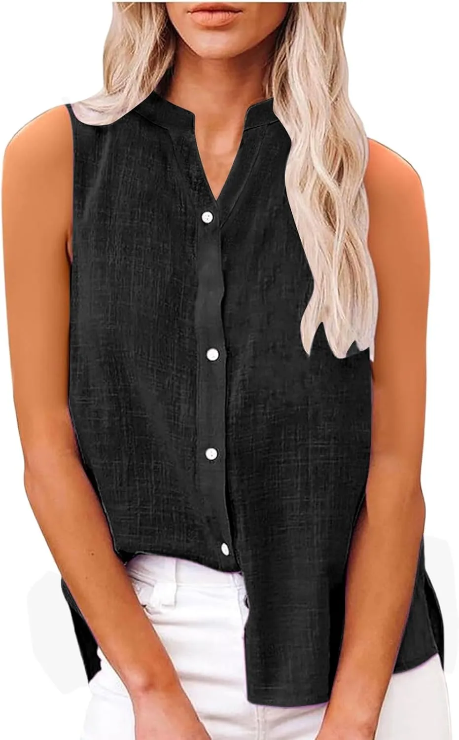 Linen Shirts for Women Sleeveless Buttons V Neck Boho Tops Solid Color Summer Beach Blouses Casual Loose Fit Tee