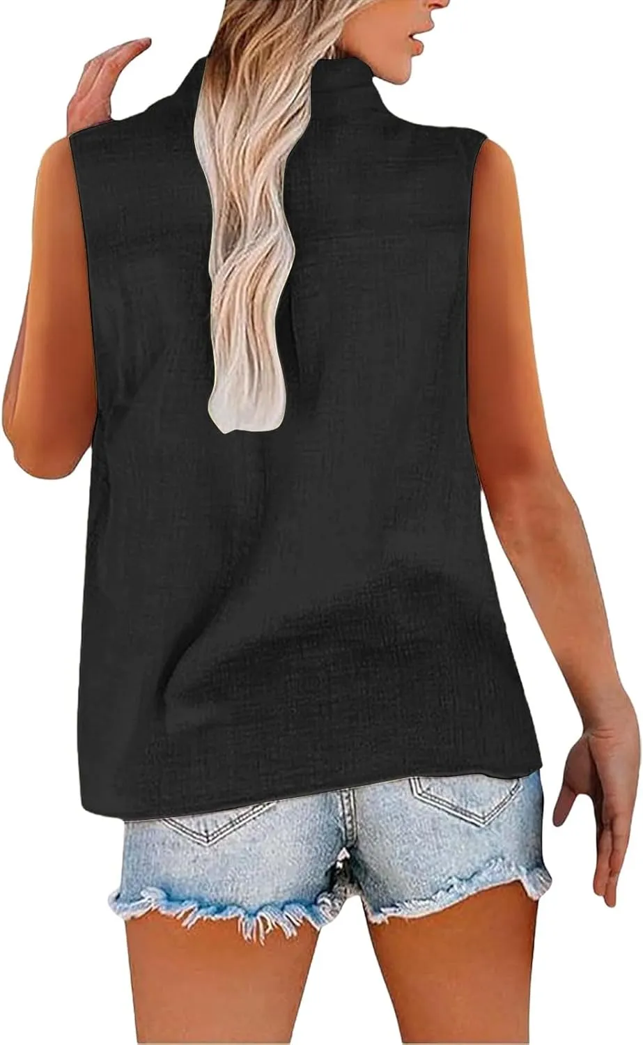 Linen Shirts for Women Sleeveless Buttons V Neck Boho Tops Solid Color Summer Beach Blouses Casual Loose Fit Tee