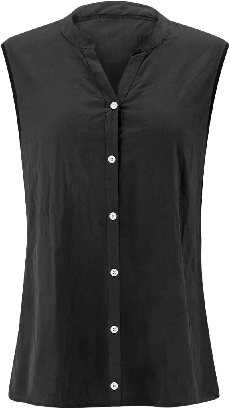 Linen Shirts for Women Sleeveless Buttons V Neck Boho Tops Solid Color Summer Beach Blouses Casual Loose Fit Tee