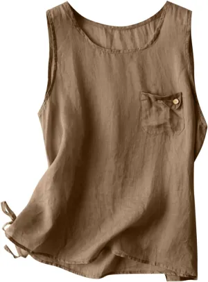 Linen Shirts for Women Summer Dressy Sleeveless Crewneck Plus Size Tank Tops Solid Color Lightweight Comfy Vests