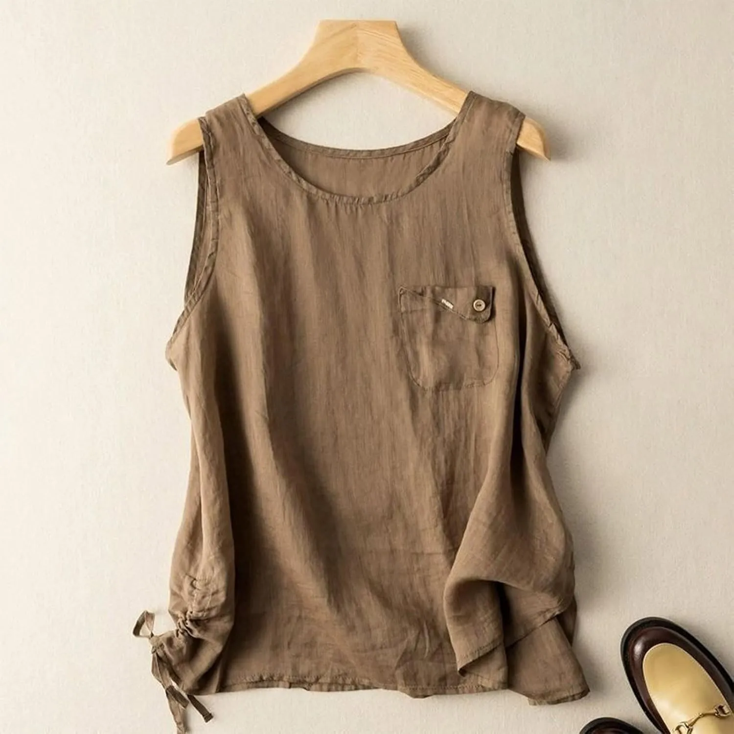 Linen Shirts for Women Summer Dressy Sleeveless Crewneck Plus Size Tank Tops Solid Color Lightweight Comfy Vests
