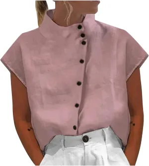 Linen Tops for Women Cap Sleeve Cotton Blend Tees Shirts Summer Fashion Dressy Casual Solid Color Plain Top