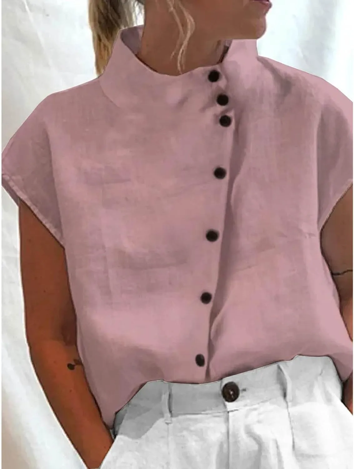 Linen Tops for Women Cap Sleeve Cotton Blend Tees Shirts Summer Fashion Dressy Casual Solid Color Plain Top