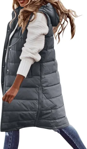 Long Puffer Vest Women with Hood Sleveless Casual Quilted Jacket Outdoor Puffer Down Vest Warm Winter Coat Outerwear