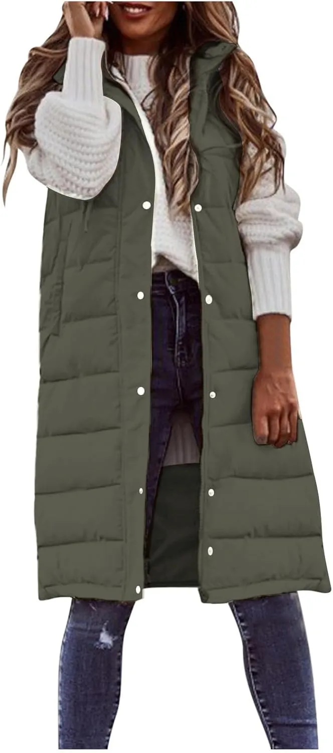 Long Puffer Vest Women with Hood Sleveless Casual Quilted Jacket Outdoor Puffer Down Vest Warm Winter Coat Outerwear
