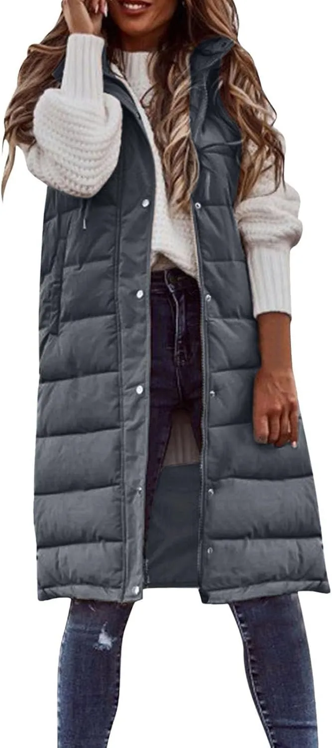 Long Puffer Vest Women with Hood Sleveless Casual Quilted Jacket Outdoor Puffer Down Vest Warm Winter Coat Outerwear