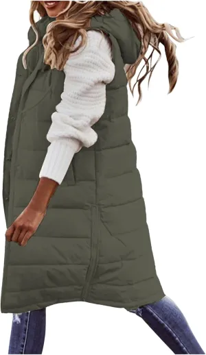 Long Puffer Vest Women with Hood Sleveless Casual Quilted Jacket Outdoor Puffer Down Vest Warm Winter Coat Outerwear
