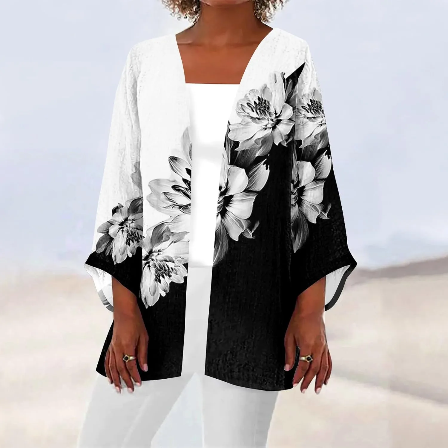 Long Sleeve Kimono for Womens Retro Print Casual Duster Blouse Tops Coat 3/4 Sleeve Jackets Lightweight Cardigans