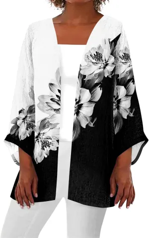 Long Sleeve Kimono for Womens Retro Print Casual Duster Blouse Tops Coat 3/4 Sleeve Jackets Lightweight Cardigans