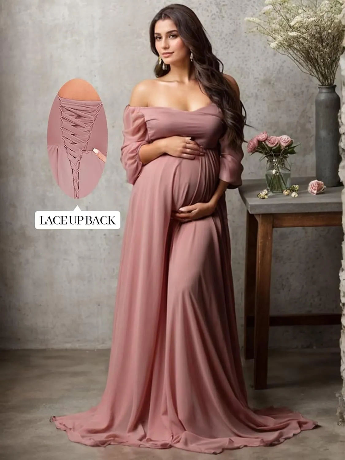 Long Sleeve Maternity Dress for Photoshoot Baby Shower Women Chiffon Off Shoulder Pregnancy Formal Gown with Slit
