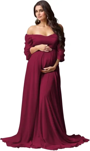 Long Sleeve Maternity Dress for Photoshoot Baby Shower Women Chiffon Off Shoulder Pregnancy Formal Gown with Slit