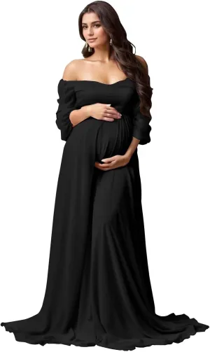 Long Sleeve Maternity Dress for Photoshoot Baby Shower Women Chiffon Off Shoulder Pregnancy Formal Gown with Slit