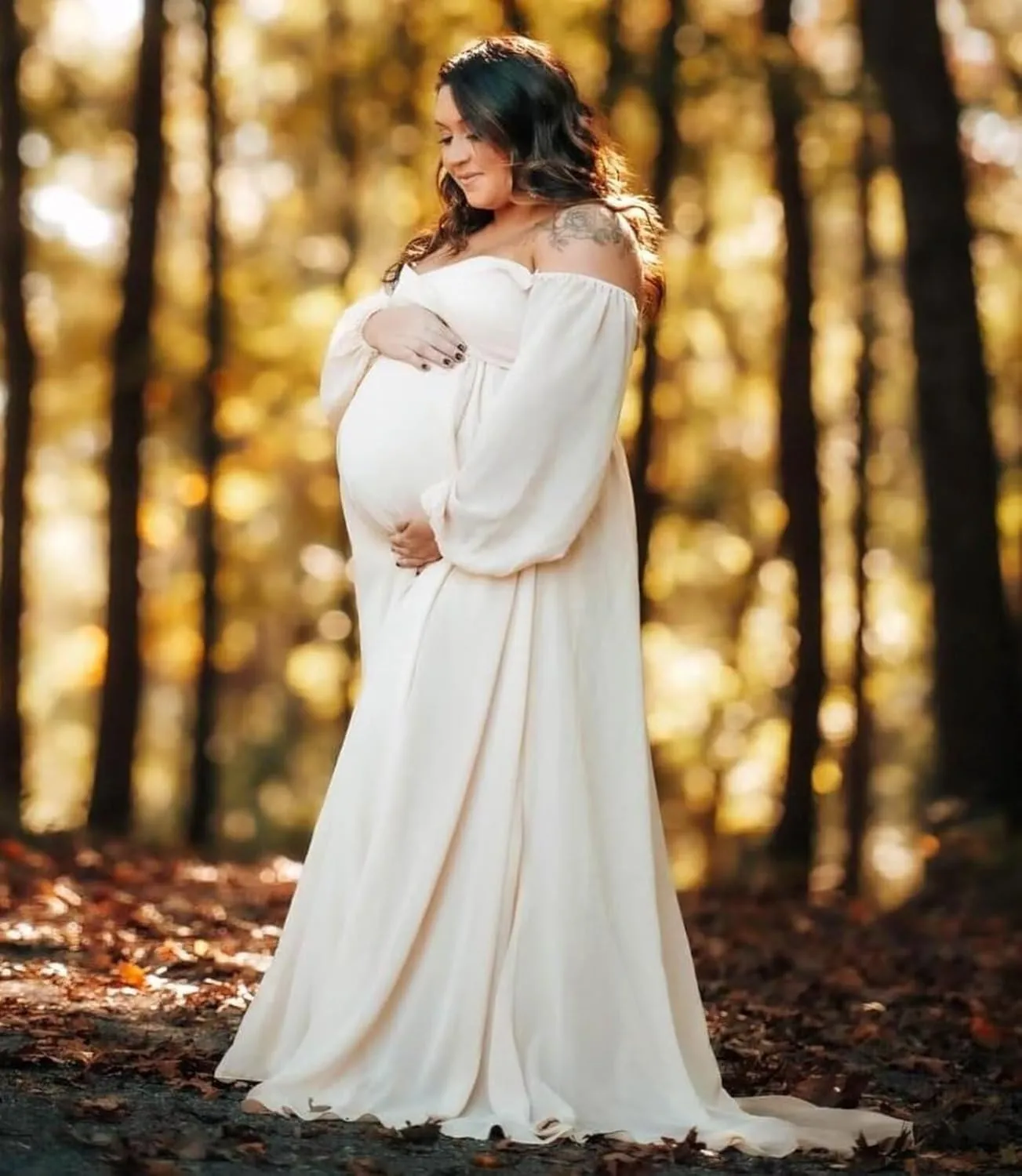 Long Sleeve Maternity Dress for Photoshoot Baby Shower Women Chiffon Off Shoulder Pregnancy Formal Gown with Slit