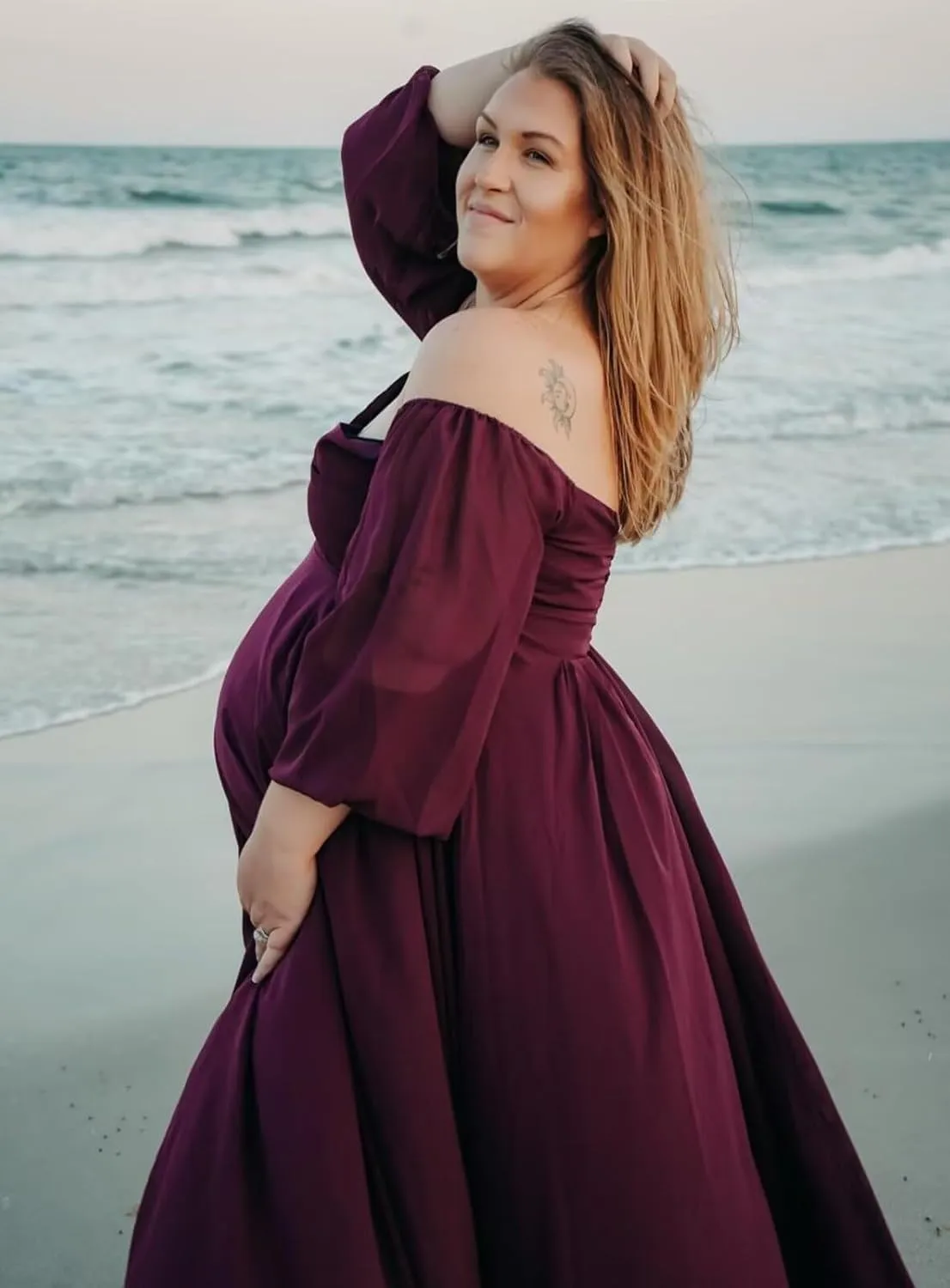 Long Sleeve Maternity Dress for Photoshoot Baby Shower Women Chiffon Off Shoulder Pregnancy Formal Gown with Slit