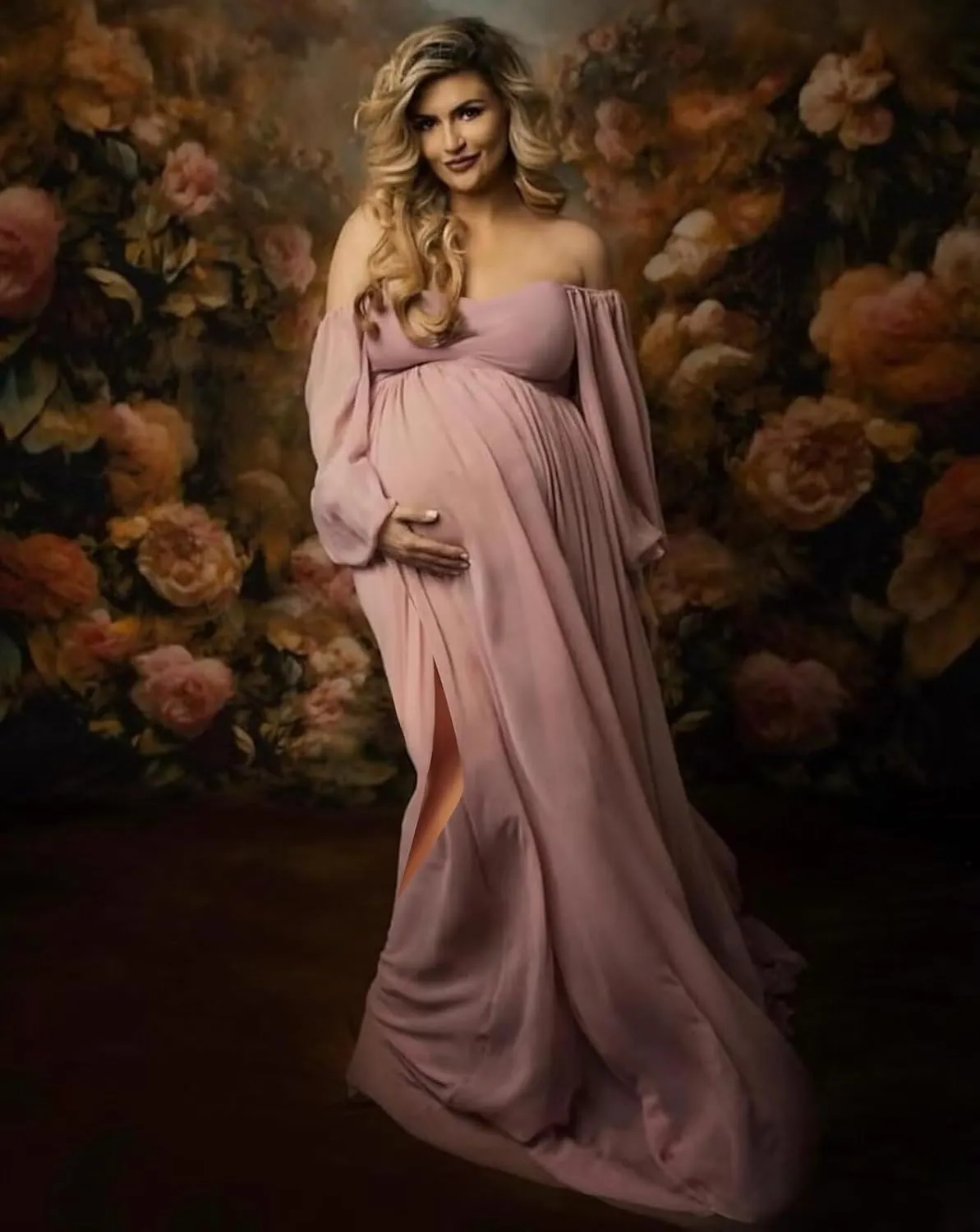 Long Sleeve Maternity Dress for Photoshoot Baby Shower Women Chiffon Off Shoulder Pregnancy Formal Gown with Slit