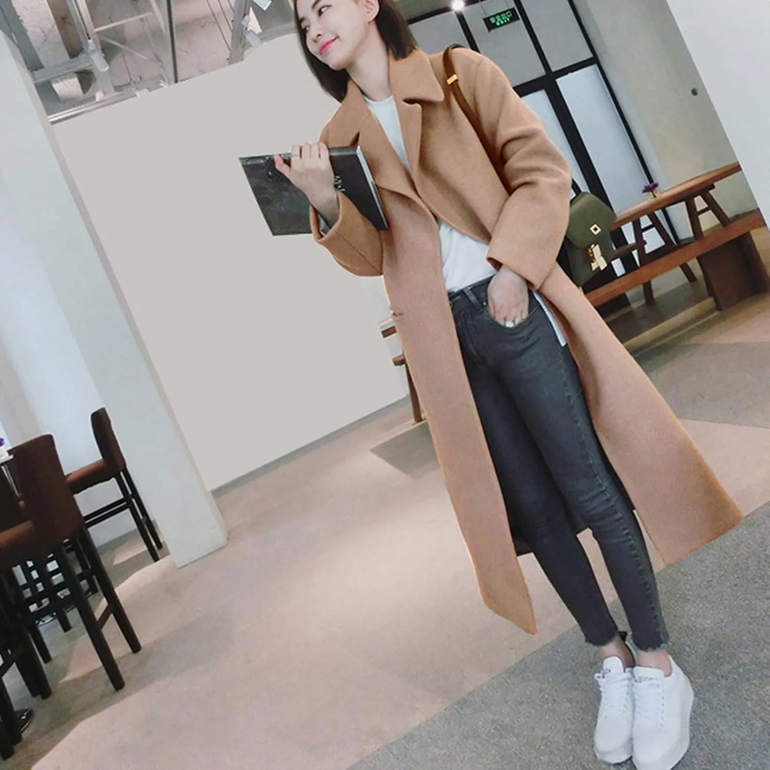 Long Trench Coats for Women Winter Jackets Wool Blend Pea Coats Trendy Notched Lapel Overcoats Warm Jacket