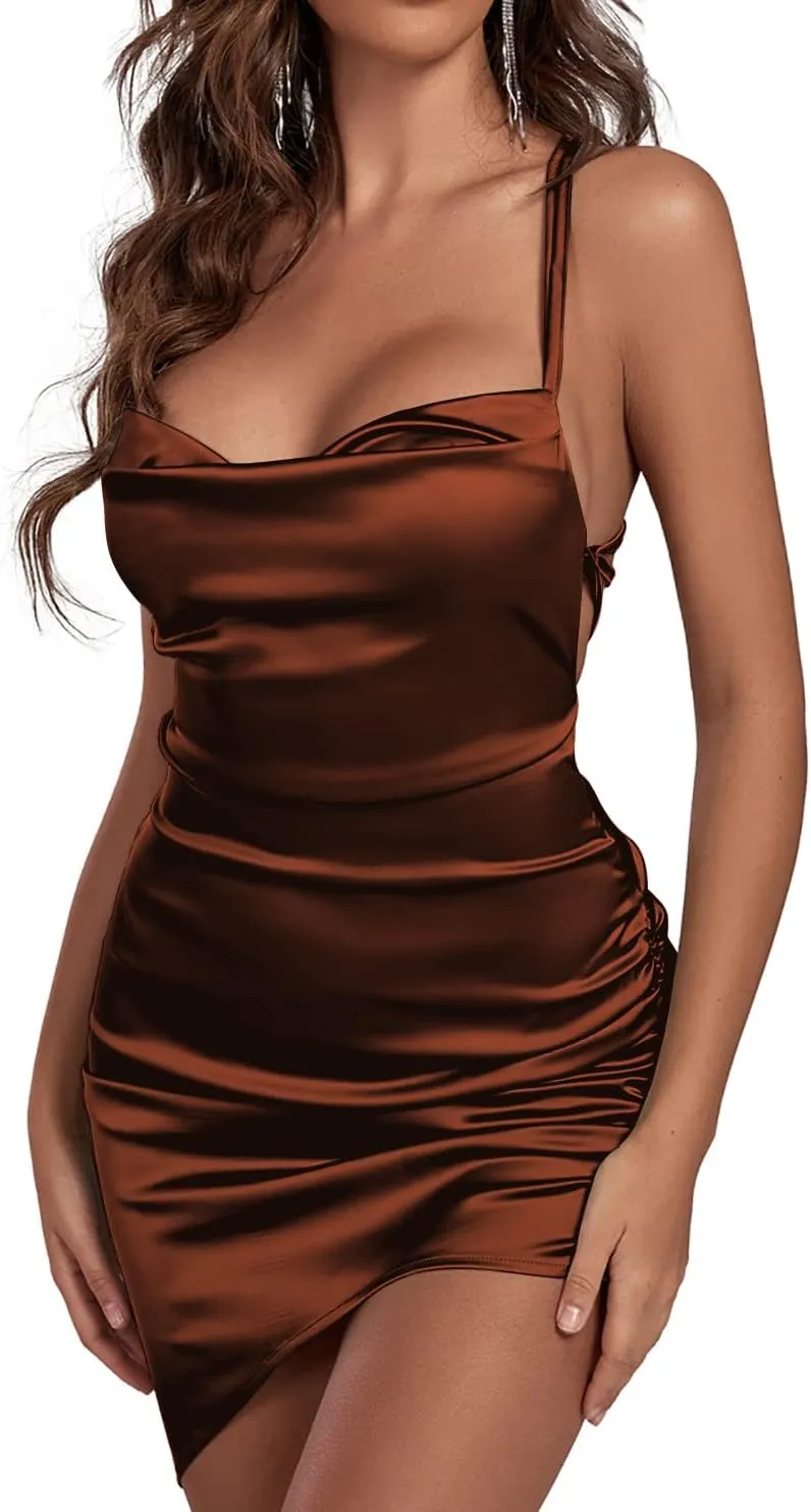 LYANER Women's Satin Ruched Bodycon Spaghetti Strap Sexy Cocktail Mini Dress