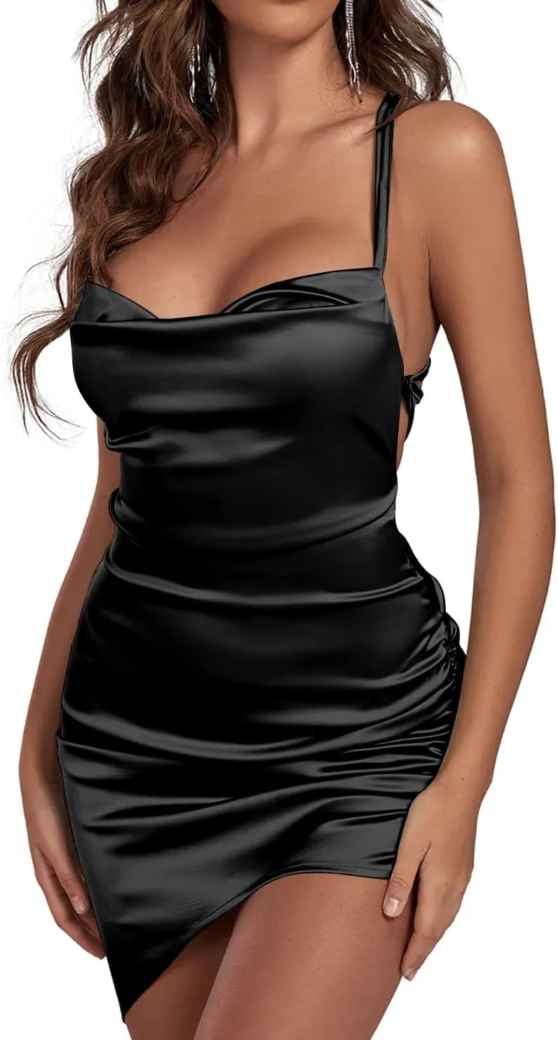 LYANER Women's Satin Ruched Bodycon Spaghetti Strap Sexy Cocktail Mini Dress