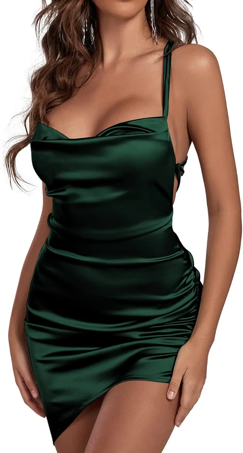 LYANER Women's Satin Ruched Bodycon Spaghetti Strap Sexy Cocktail Mini Dress