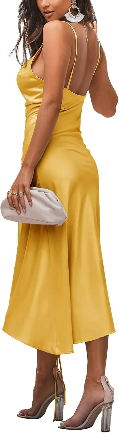 LYANER Women's Satin Spaghetti Straps Cowl Neck Sexy Ruch Cocktail Midi Dresses