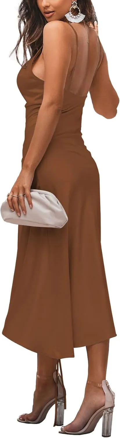 LYANER Women's Satin Spaghetti Straps Cowl Neck Sexy Ruch Cocktail Midi Dresses