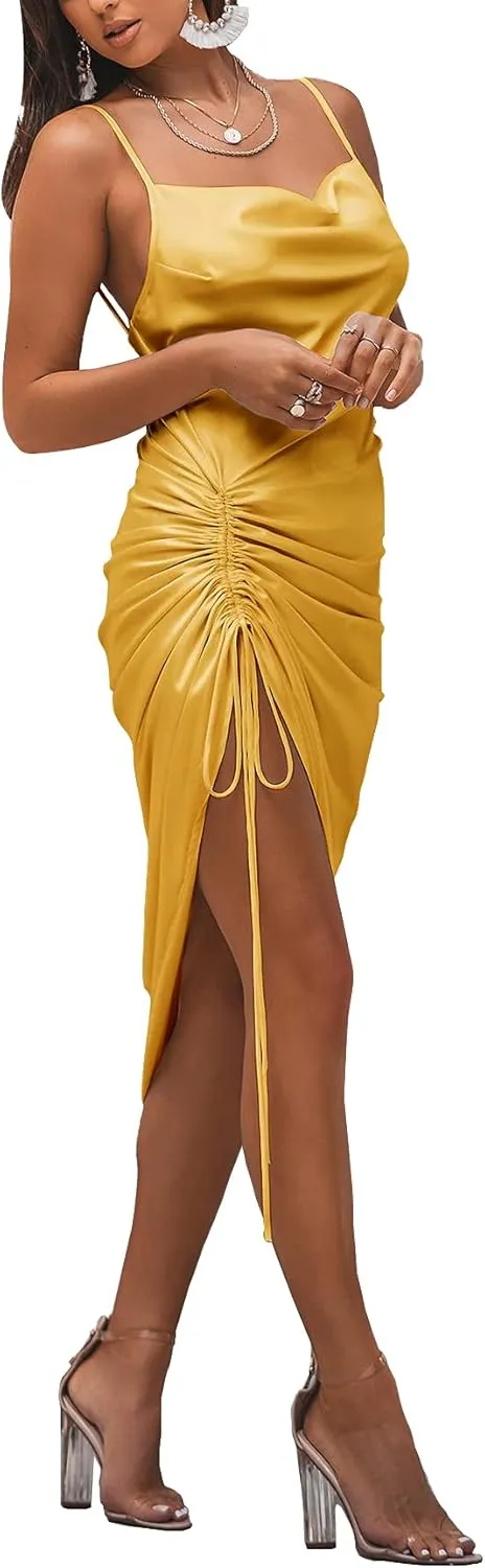 LYANER Women's Satin Spaghetti Straps Cowl Neck Sexy Ruch Cocktail Midi Dresses