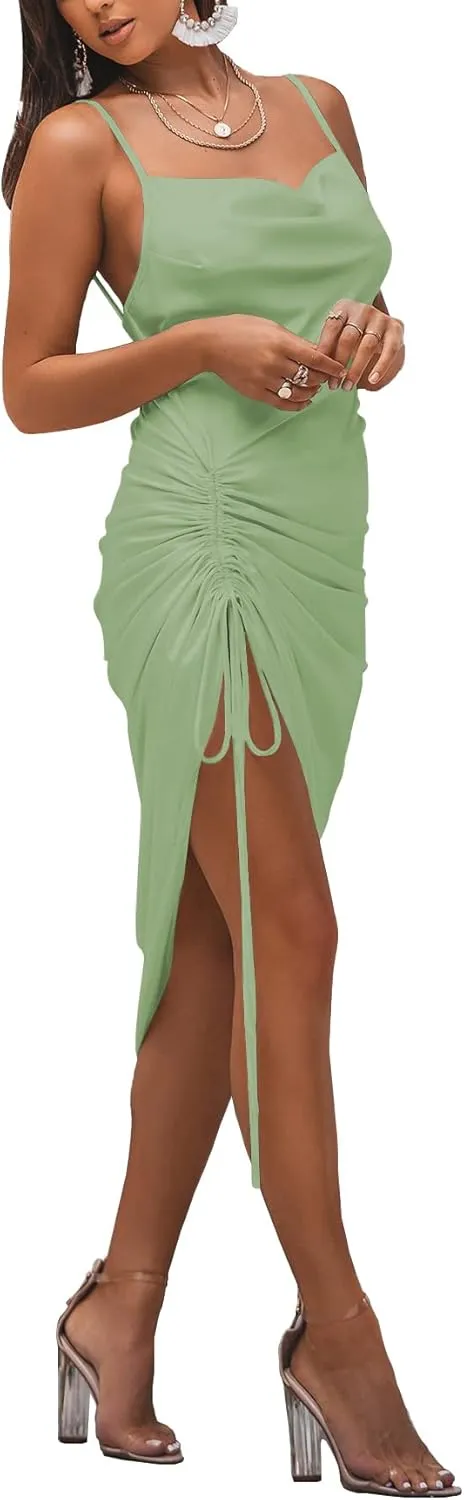 LYANER Women's Satin Spaghetti Straps Cowl Neck Sexy Ruch Cocktail Midi Dresses