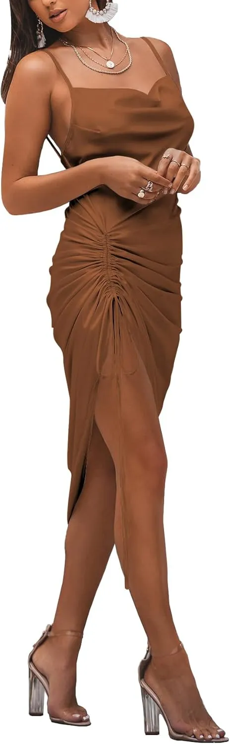 LYANER Women's Satin Spaghetti Straps Cowl Neck Sexy Ruch Cocktail Midi Dresses