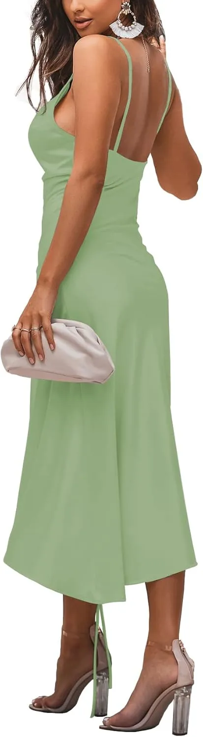 LYANER Women's Satin Spaghetti Straps Cowl Neck Sexy Ruch Cocktail Midi Dresses