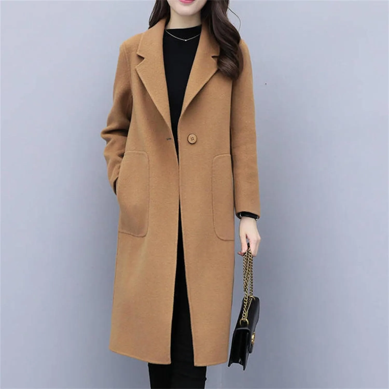 Maiyifu-GJ Women's Elegant Single Breasted Coat Mid Long Notched Lapel Wool Blend Trench Coat Winter Casual Overcoat