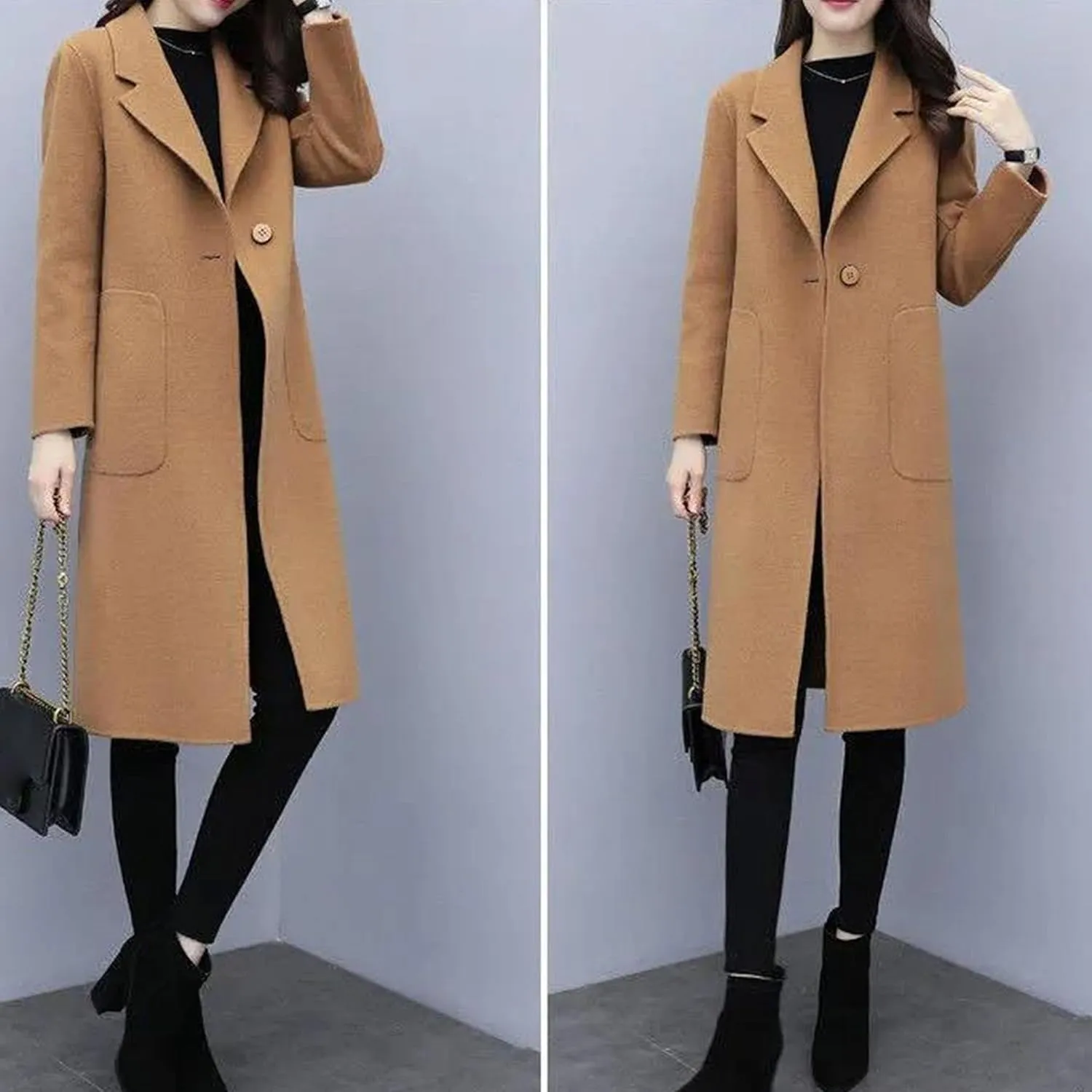 Maiyifu-GJ Women's Elegant Single Breasted Coat Mid Long Notched Lapel Wool Blend Trench Coat Winter Casual Overcoat