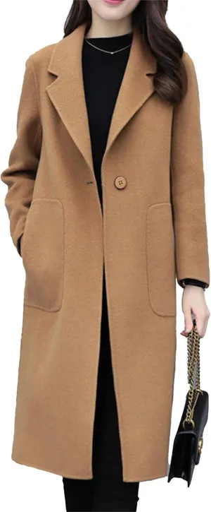Maiyifu-GJ Women's Elegant Single Breasted Coat Mid Long Notched Lapel Wool Blend Trench Coat Winter Casual Overcoat
