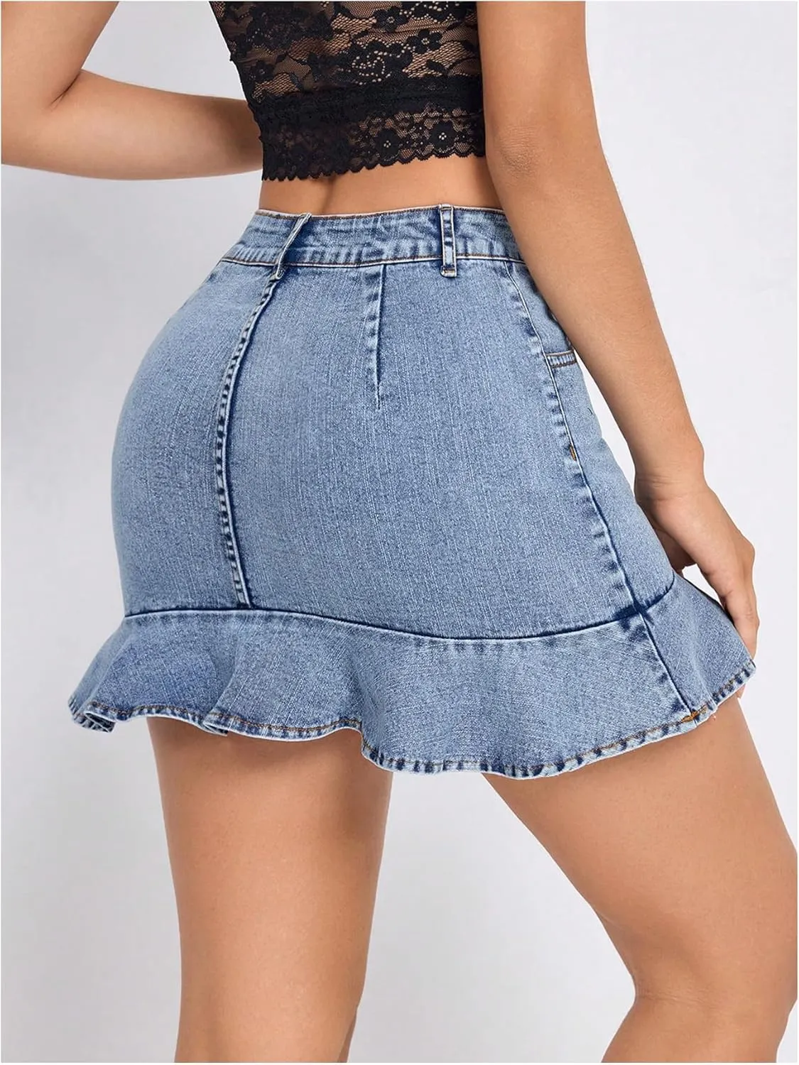 MakeMeChic Women's Denim Mini Skirts Ruffle Hem Button Tummy Control Bodycon Y2k Jean Skirts