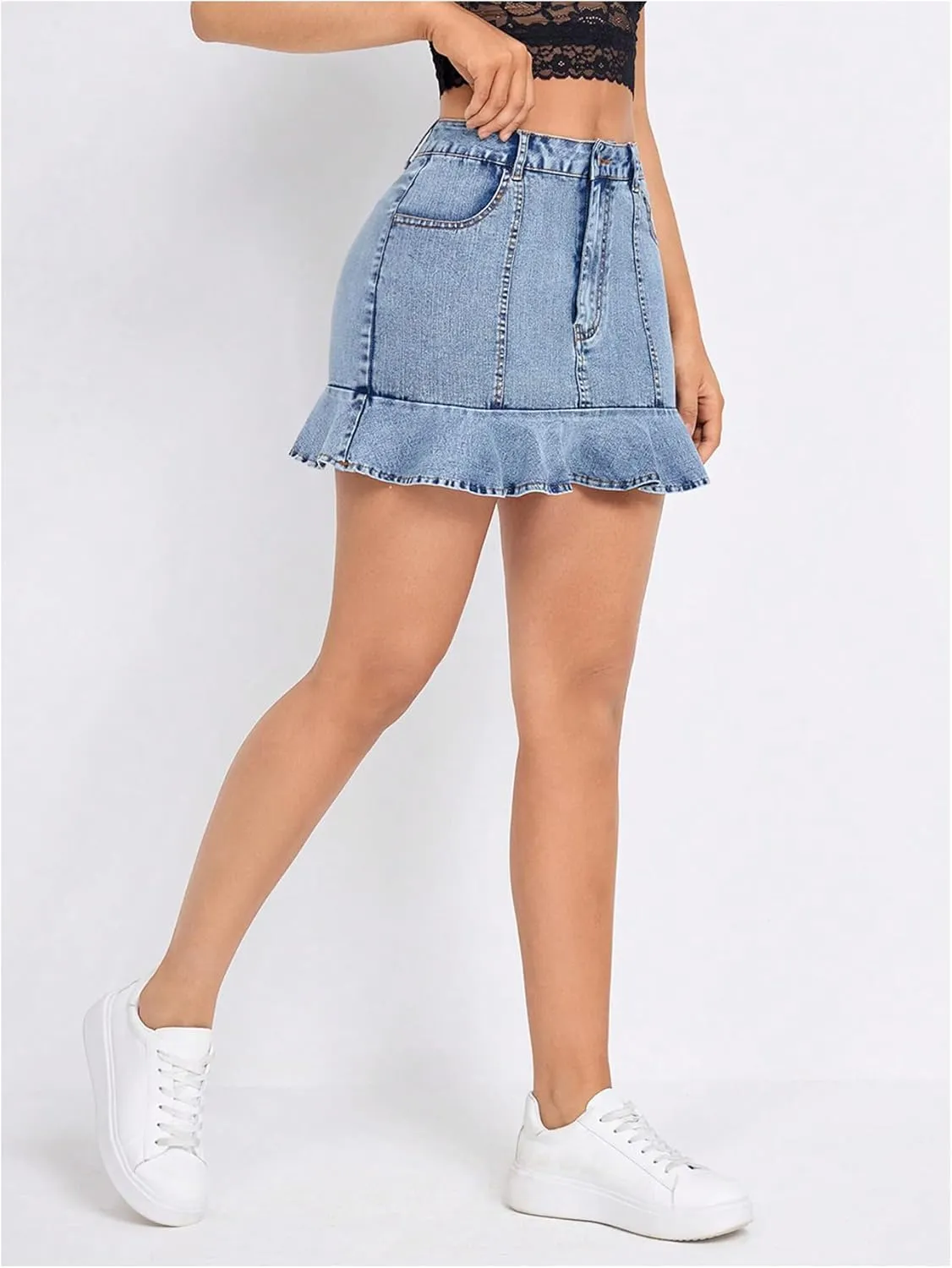 MakeMeChic Women's Denim Mini Skirts Ruffle Hem Button Tummy Control Bodycon Y2k Jean Skirts