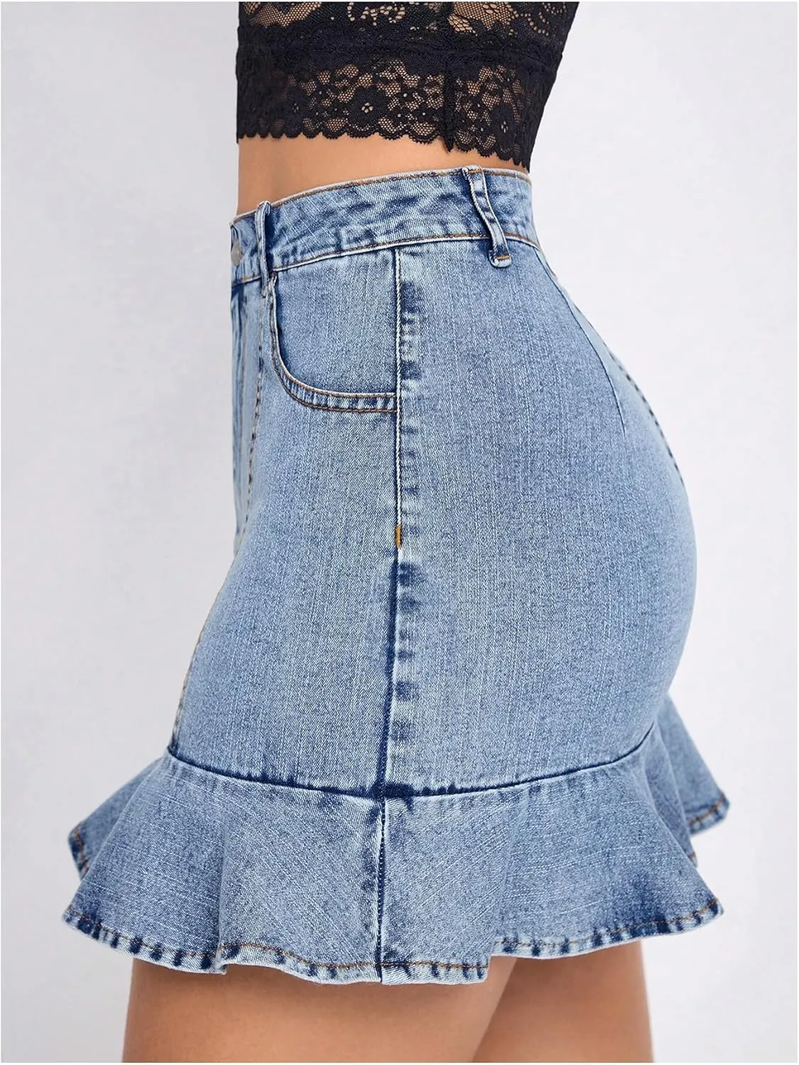 MakeMeChic Women's Denim Mini Skirts Ruffle Hem Button Tummy Control Bodycon Y2k Jean Skirts