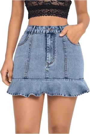 MakeMeChic Women's Denim Mini Skirts Ruffle Hem Button Tummy Control Bodycon Y2k Jean Skirts