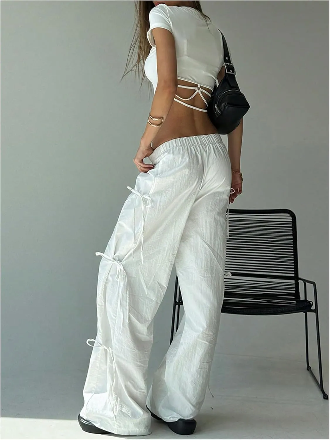 MakeMeChic Women's Elastic Waist Straight Leg Pants Bow Knot Loose Fit Trousers Bottoms