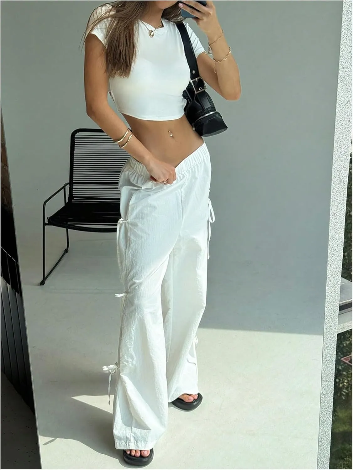 MakeMeChic Women's Elastic Waist Straight Leg Pants Bow Knot Loose Fit Trousers Bottoms