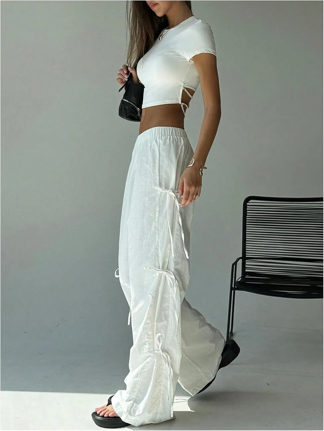 MakeMeChic Women's Elastic Waist Straight Leg Pants Bow Knot Loose Fit Trousers Bottoms