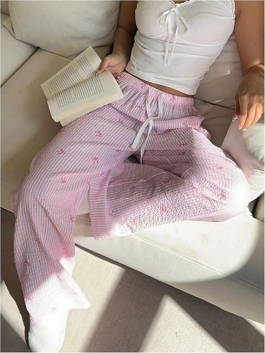 MakeMeChic Women's Y2K Bow Striped Pants Elastic Waist Pants Drawstring Straight Leg Trousers