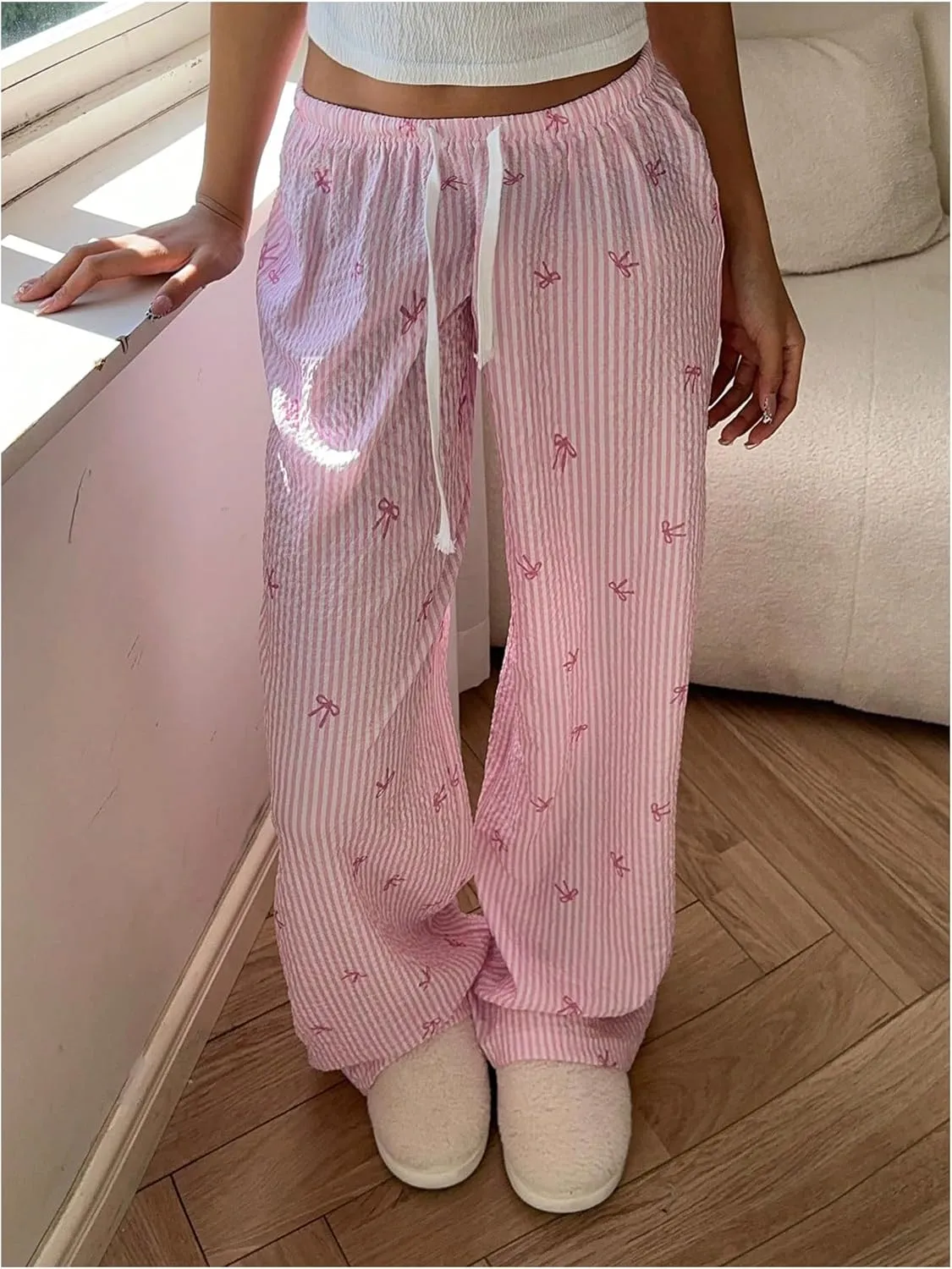 MakeMeChic Women's Y2K Bow Striped Pants Elastic Waist Pants Drawstring Straight Leg Trousers