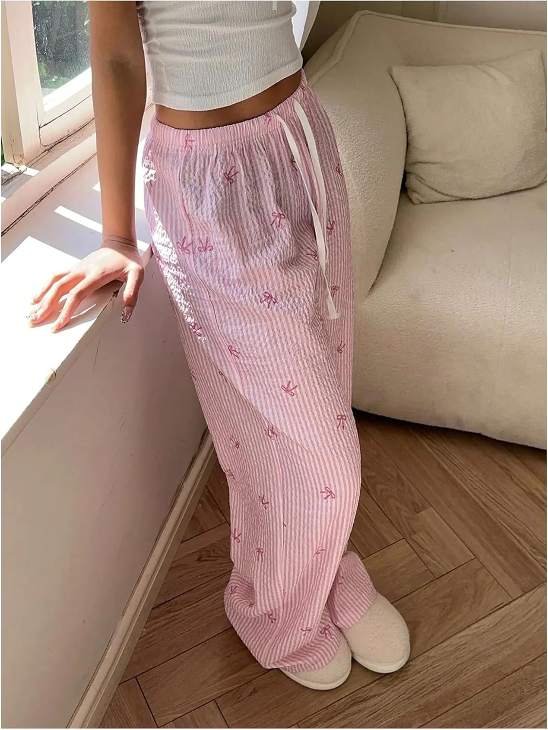 MakeMeChic Women's Y2K Bow Striped Pants Elastic Waist Pants Drawstring Straight Leg Trousers